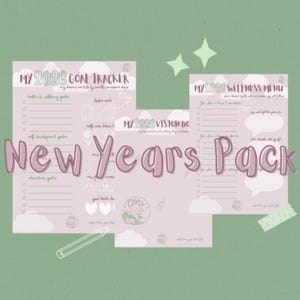 Könnte beinhalten: Ein Neujahrspaket in Rosa und Grün. Das Paket enthält einen Ziel-Tracker, ein Wellness-Menü und ein Vision Board. Der Text auf dem Paket lautet "My 2026 Goal Tracker", "My 2026 Wellness Menu" und "My 2026 Vision Board".