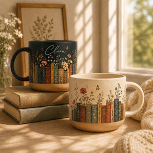Vintage bokhyllemugg i keramik, personlig bokälskaremugg, blommig bibliotekskaffekopp, boklig läsargåva, mysig läsmugg