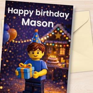 Personalized 5th Birthday Card for Boy, Building Block Toy Brick Theme, Printable Canva Template, Custom Name Kids Card, Digital Download A6
