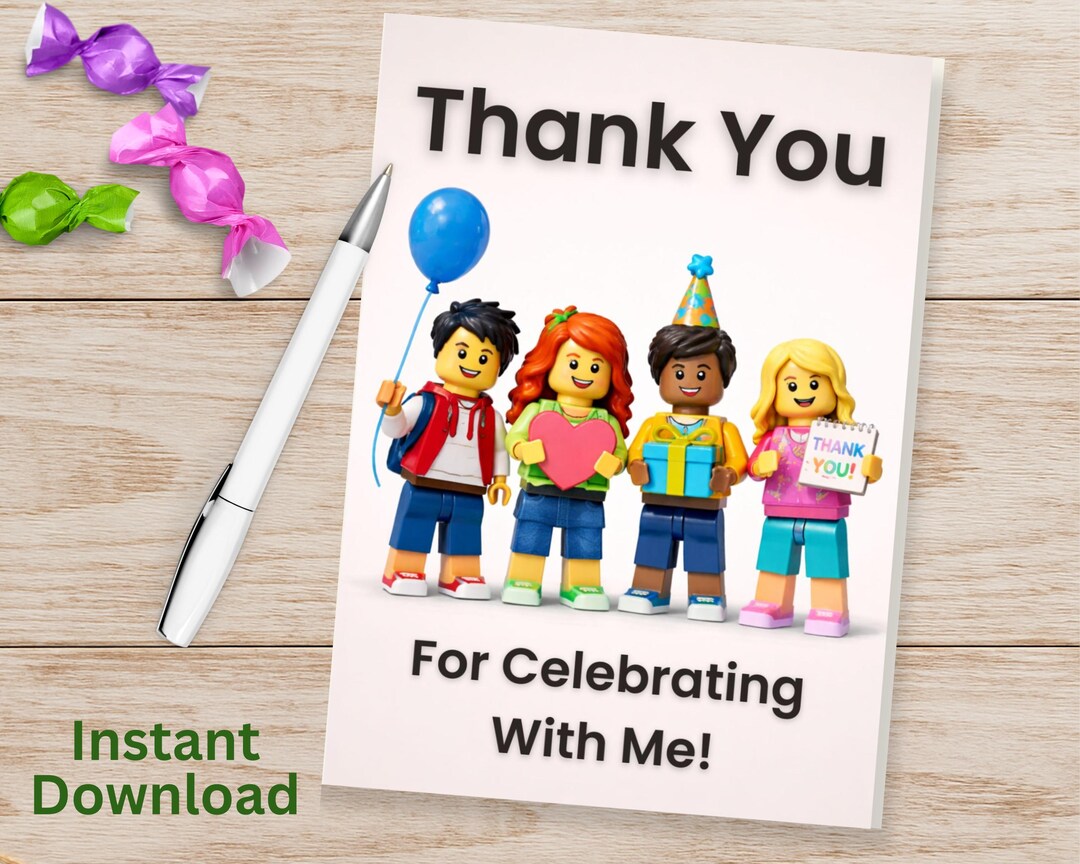 Kids Birthday Thank You Card | Brick Theme, Editable Template (digital ...