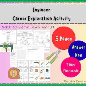 Puede incluir: Un conjunto de actividades de exploración profesional para ingenieros con 10 palabras de vocabulario, 5 páginas de hojas de trabajo, una clave de respuestas y 2 tarjetas didácticas. Incluye ilustraciones de herramientas como calibradores y alicates.