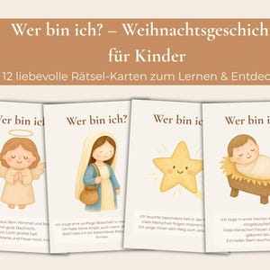Puede incluir: Cuatro tarjetas ilustradas con el texto "Wer bin ich?" (¿Quién soy?) y "Weihnachtsgeschichte für Kinder" (Historia de Navidad para niños). Cada tarjeta presenta un personaje del relato de la Natividad: un ángel, María, una estrella y el niño Jesús.