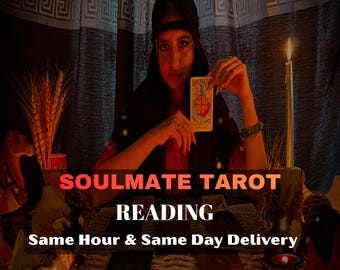 May include: A person holding a tarot card with a Wheel of Fortune design. The image features the text "SOULMATE TAROT READING" and "Same Hour & Same Day Delivery". The scene is dimly lit with candles and decorative elements.