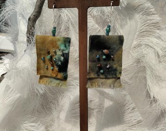 Brincos de algodão tingidos à mão, contas de cristal com textura oceânica, joias têxteis boho, presente de aniversário artesanal 07