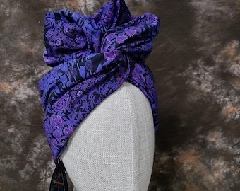 Turbante de algodão floral roxo, turbante com faixa de cabeça ajustável T03