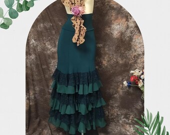 Saia flamenca com babados de renda floral preta, F06