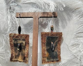 Brinco de tecido de algodão tingido à mão, brinco boho com miçangas, presente de aniversário artesanal 02