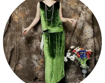 Vestido de veludo de seda estilo anos 1920, com forro e cinto na cintura, vestido Gatsby Downton Abbey