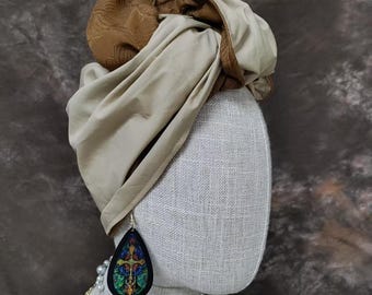Reversible Caramel floral cotton turban, adjustable wire headscarf T06