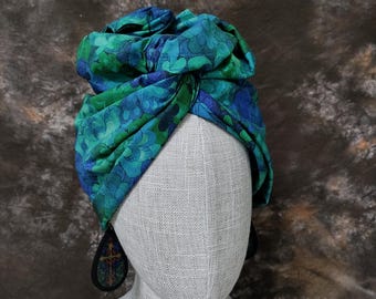 Turbante de algodão com estampa floral verde, faixa de cabelo ajustável T04