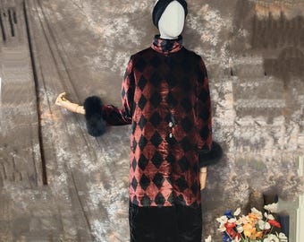 1920s Style Silk Velvet Coat, Art Deco Fox Fur Trim