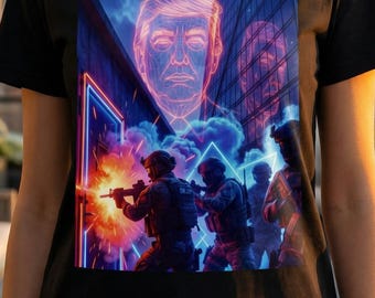 Donald Trump And Delta Force Neon Cyber Heist T-Shirt | Futuristic Shooter Scene, Retro Synthwave