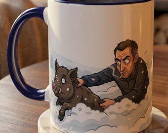 Man Chasing Wild Pig Mug | Funny Hunting Illustration Accent Coffee Mug