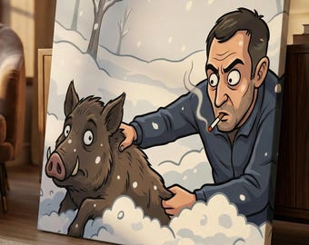 Man Chasing Wild Pig Boar Rescue Canvas | Stretched Matte Wall Art