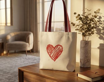 Hand-Drawn Red Heart Canvas Tote Bag