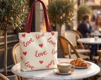 Red Handwritten Love Pattern Tote Bag | Hearts Allover Print