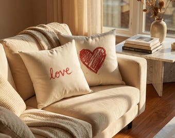 Hand-Drawn Red Heart pillow | Spun Polyester Square Pillow, love script