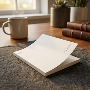 May include: A stack of white notepaper with the words "I Love You" written in cursive. A coffee mug and two leather-bound books are in the background. The notepaper is on a grey surface.