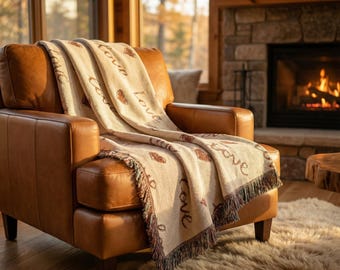 Love Script Heart pattern Woven Blanket | romantic script hearts throw