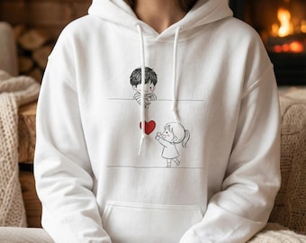 Girl Giving Heart to Boy Hoodie | Red Heart Back Graphic