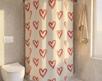 Hand-Drawn Red Hearts Shower Curtain | Valentine Bathroom Decor