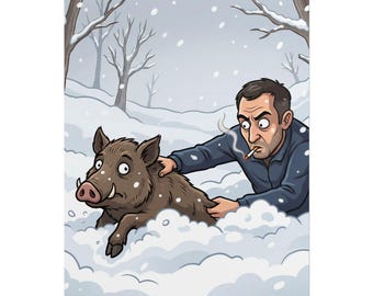 Man Rescuing Wild Pig Poster | Snowy Forest Illustration