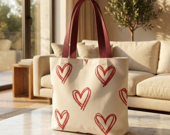 Hand Drawn Red Hearts Tote Bag | All-Over Print Love Pattern