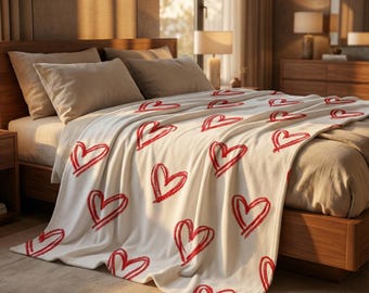 Handdrawn Red Hearts Velveteen Plush Blanket | Heart Pattern Throw