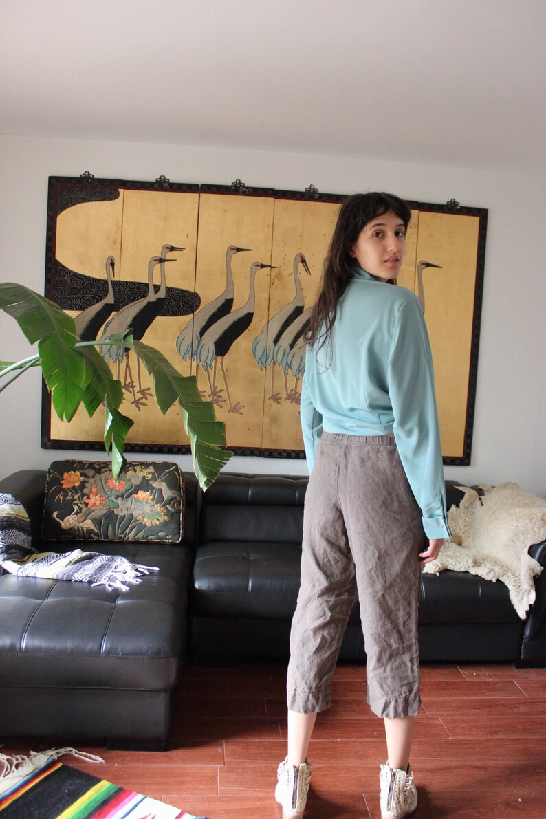 Vintage Teal Rhinstone Gem Button Silk Blouse