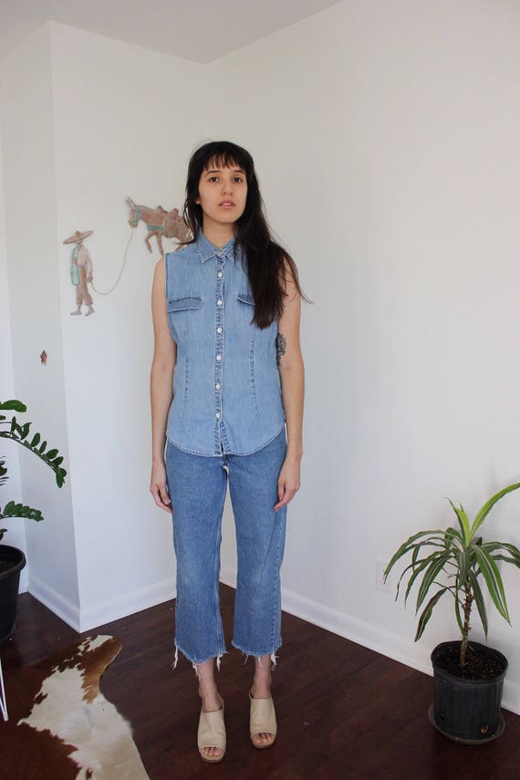 90s Medium Wash Denim Sleeveless Button Down M | Etsy