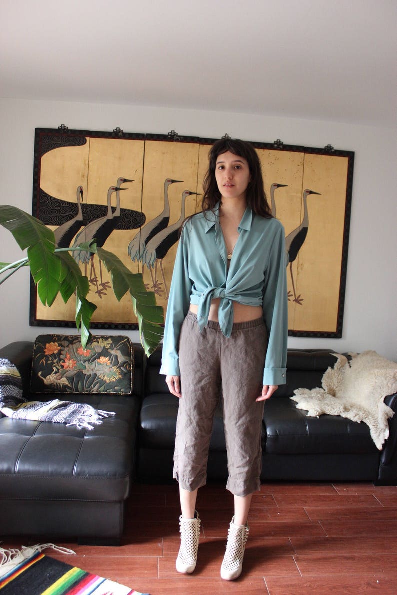 Vintage Teal Rhinstone Gem Button Silk Blouse