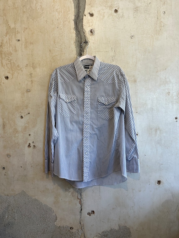 Vtg Wrangler Blue Stripe Oxford Snapbutton Shirt X