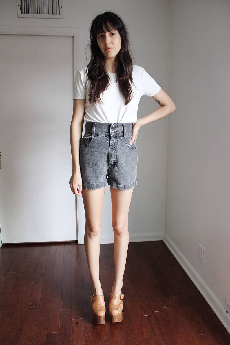 Vintage 90s High Waisted Faded Acid Wash Black Denim Express Shorts