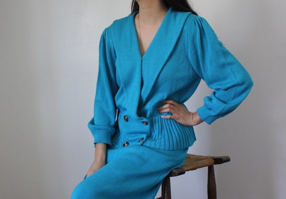 Vintage 80s 2 Piece Blue Dress Suit