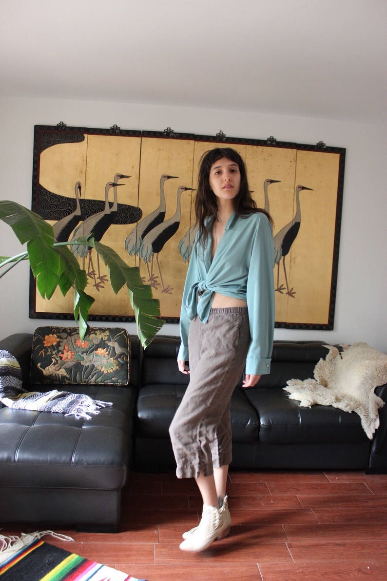 Vintage Teal Rhinstone Gem Button Silk Blouse
