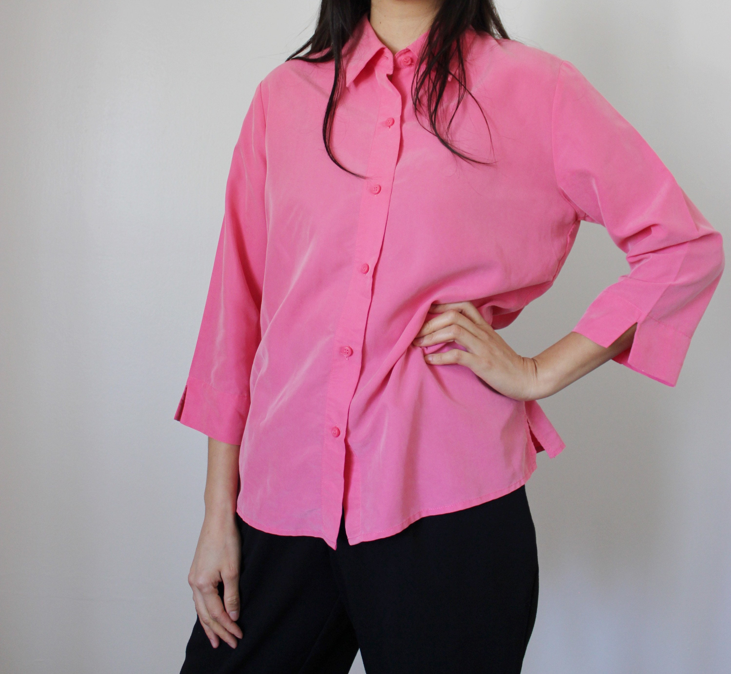 neon pink button down shirt