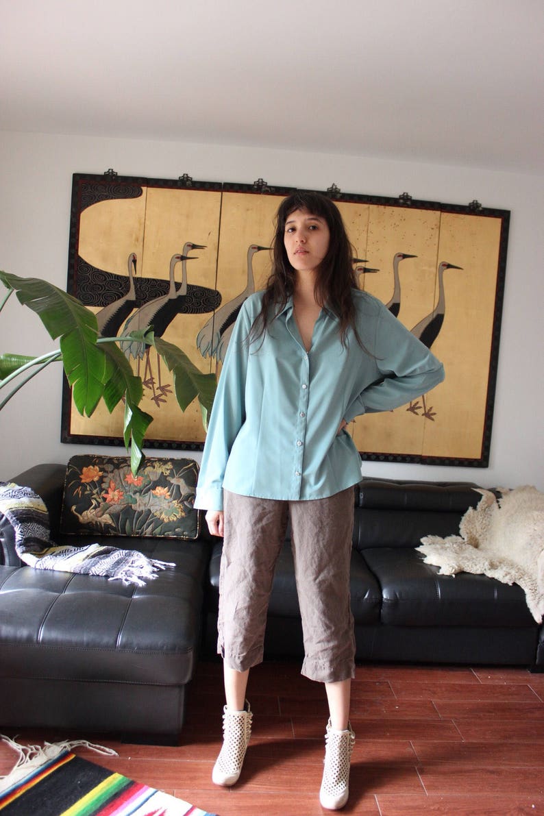 Vintage Teal Rhinstone Gem Button Silk Blouse