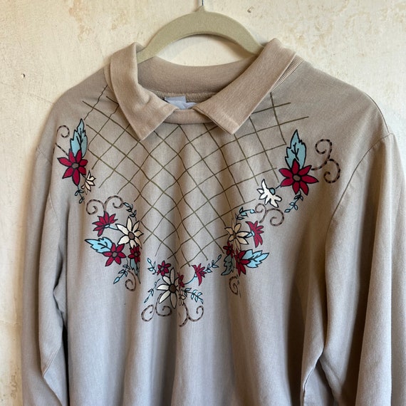 VTG. Handpainted Floral and Grid Print Top - image 1