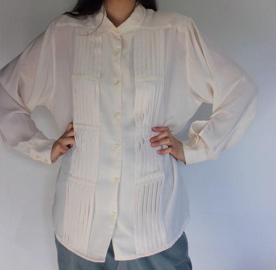 Vintage Ivory Pleated Blouse Long Sleeve L
