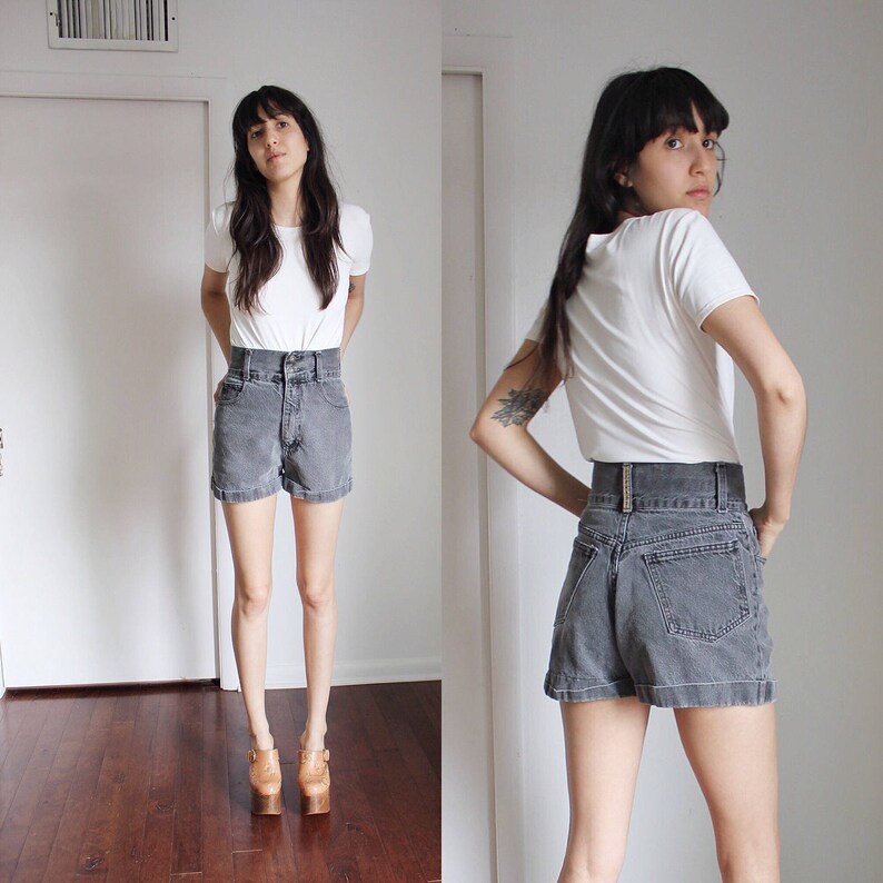 Vintage 90s High Waisted Faded Acid Wash Black Denim Express Shorts