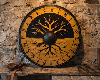 24 Inch Viking Shield with Yggdrasil Tree of Life – Handcrafted Wooden Round Shaped
