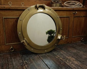 Vintage Brass Porthole Mirror | Nautical Wall Art | Coastal Industrial Home Décor