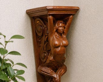Mermaid Wall Shelf Bracket Carved Wood Nautical Decor Coastal Beach House Accent