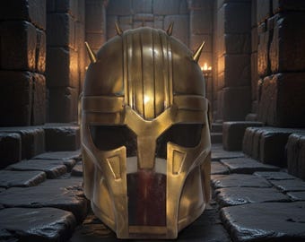 Réplica de casco de armadura con púas doradas / Máscara de guerrero para exhibición / Cosplay, LARP o accesorio de disfraz
