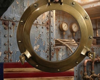 Okno z mosiądzu 12" z marynistycznym motywem morskim, dekoracja ścienna – iluminator okrętowy – styl vintage
