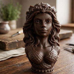 May include: A brown mermaid bust sculpture. The mermaid features flowing hair, a detailed crown, and a scaled bodice. The sculpture is displayed on a wooden surface.