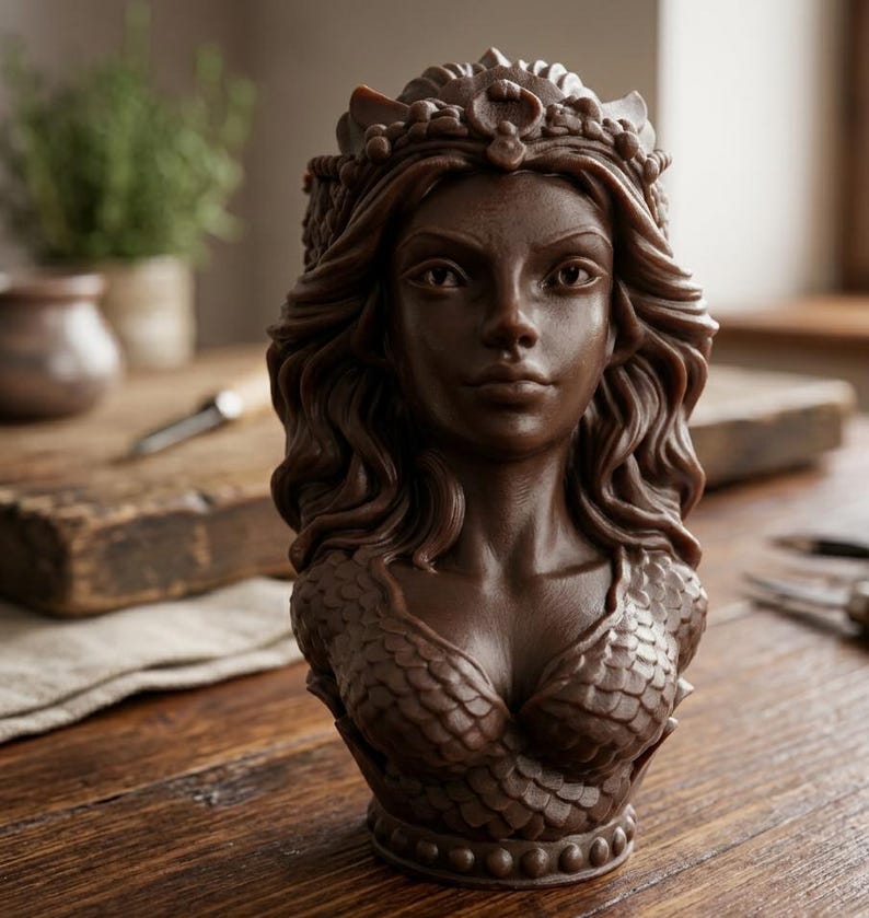 May include: A brown mermaid bust sculpture. The mermaid features flowing hair, a detailed crown, and a scaled bodice. The sculpture is displayed on a wooden surface.