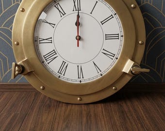 Brass Porthole Wall Clock, Roman Numeral Maritime Steampunk Décor