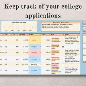 May include: A spreadsheet titled "Keep track of your college applications" with data fields for school, major, deadline, and status. The spreadsheet is on a light beige background with blue and yellow accents.