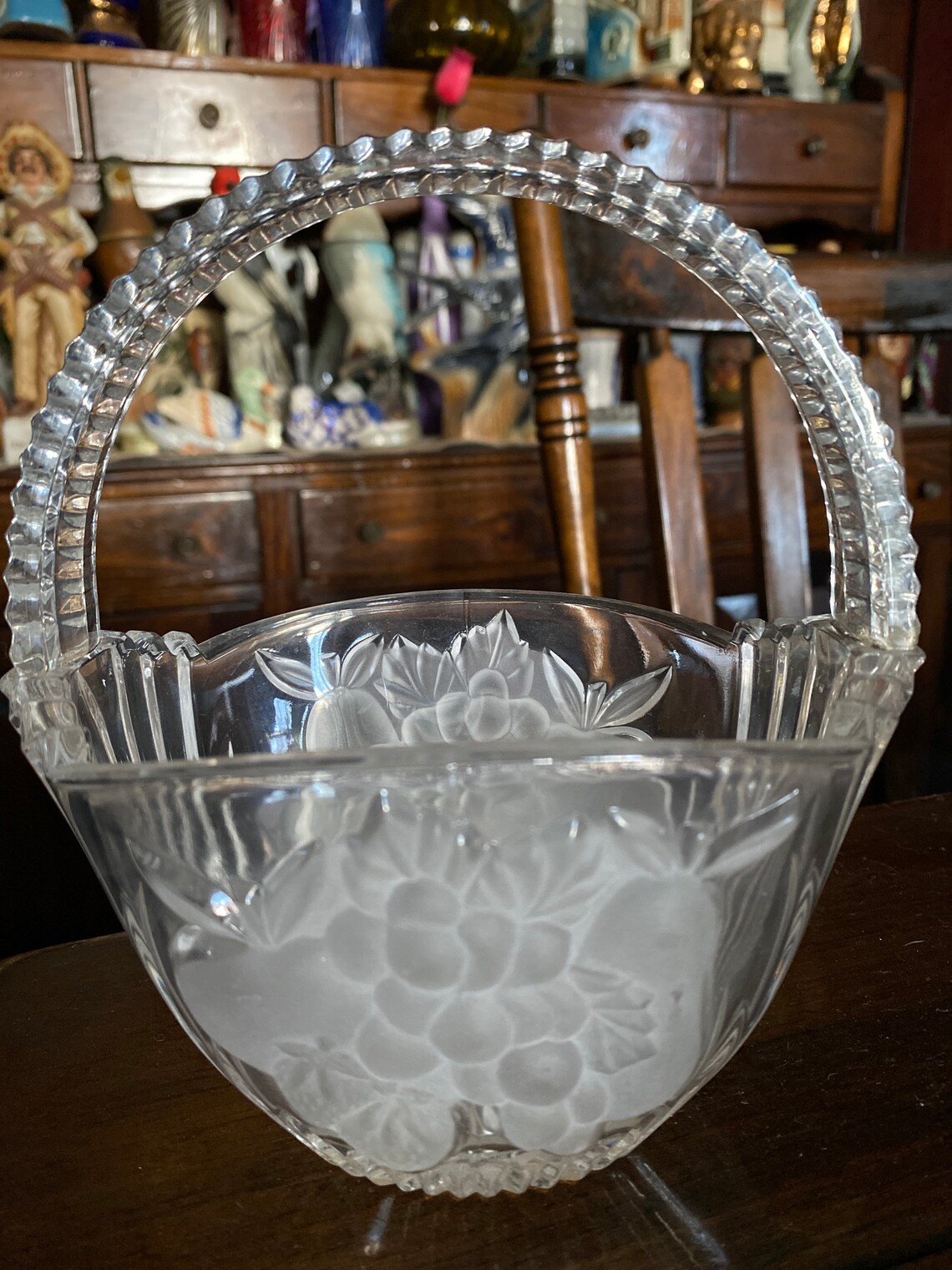 Lead Crystal Fruit Basket Candy Dish Oval Etched Glass Etsy